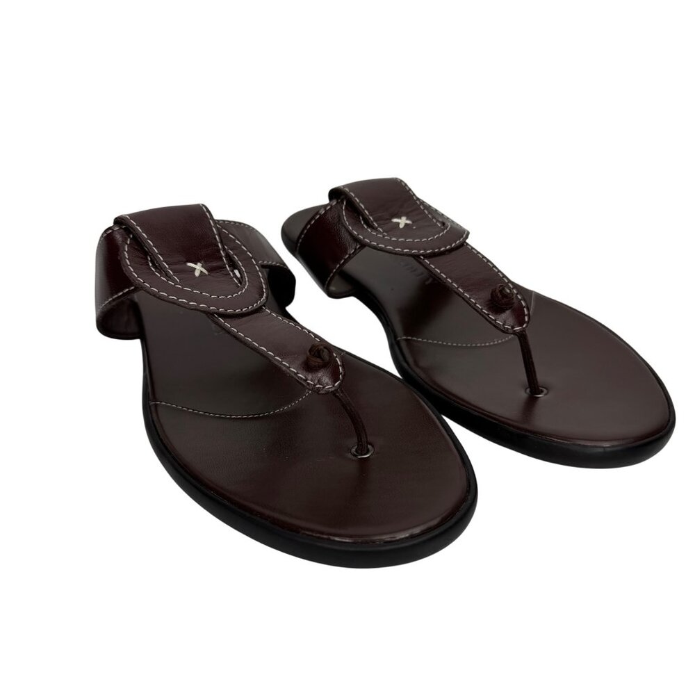 Laura Ashley Dark Brown Leather Thong Sandals with White Stitching Size 8.5‎ M - Picture 2 of 9